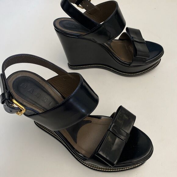 MARNI Sandal Wedge Open Toe Platform Ankle Strap Bow Black Leather 8 - Picture 7 of 10